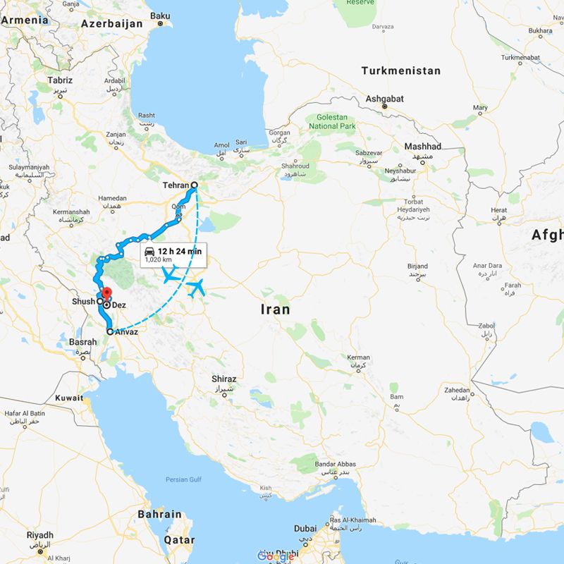 Alibabatrek iran tour Iran Historical Sites- KHuzestan and Shushtar Tour trip map